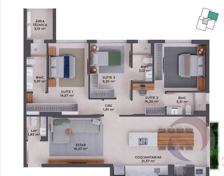 Apartamento para venda com 3 dormitórios em Pedra Branca com 108 m² — foto principal