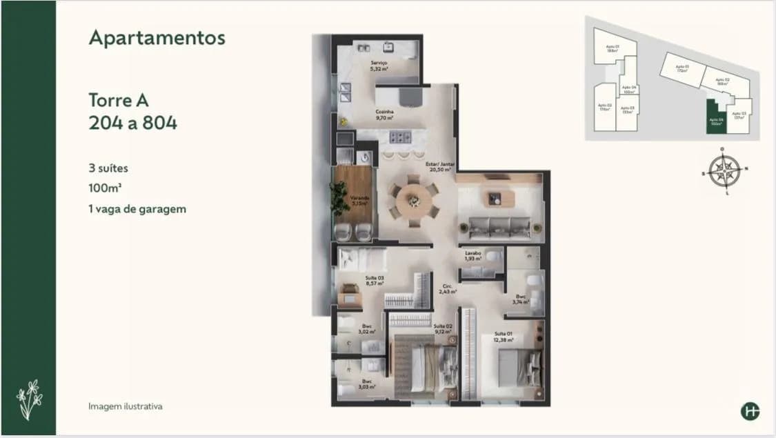 Apartamento para venda com 3 dormitórios em Pedra Branca com 100 m² — foto principal