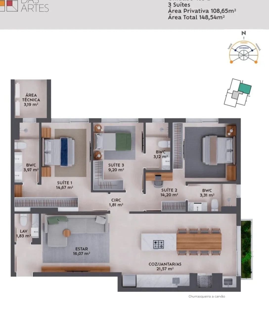 Apartamento para venda com 3 dormitórios em Pedra Branca com 108 m² — foto principal