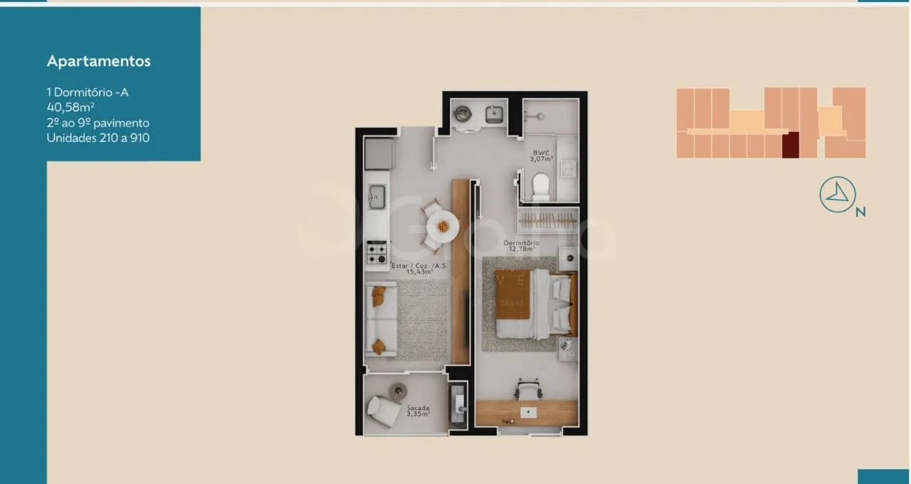 Apartamento para venda com 1 dormitório, em Pedra Branca com 40 m² — foto principal