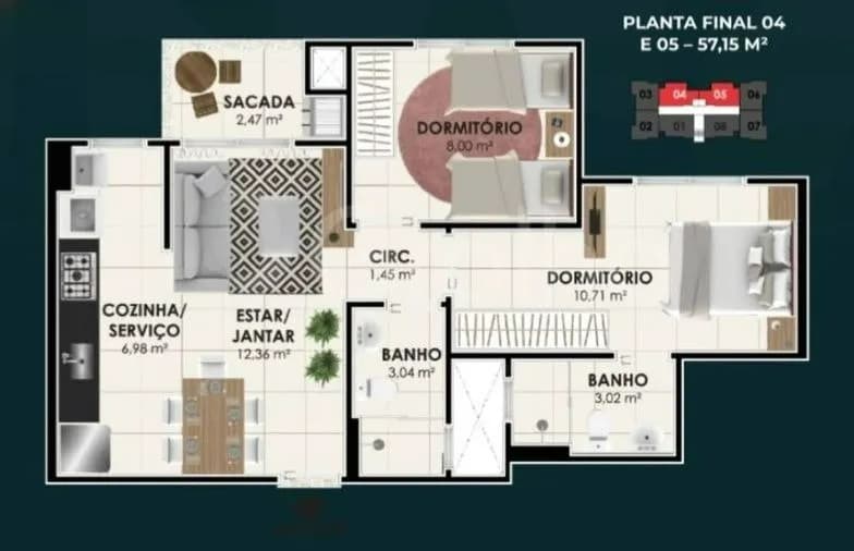 Apartamento para venda com 2 dormitórios em Pedra Branca com 57 m² — foto 5