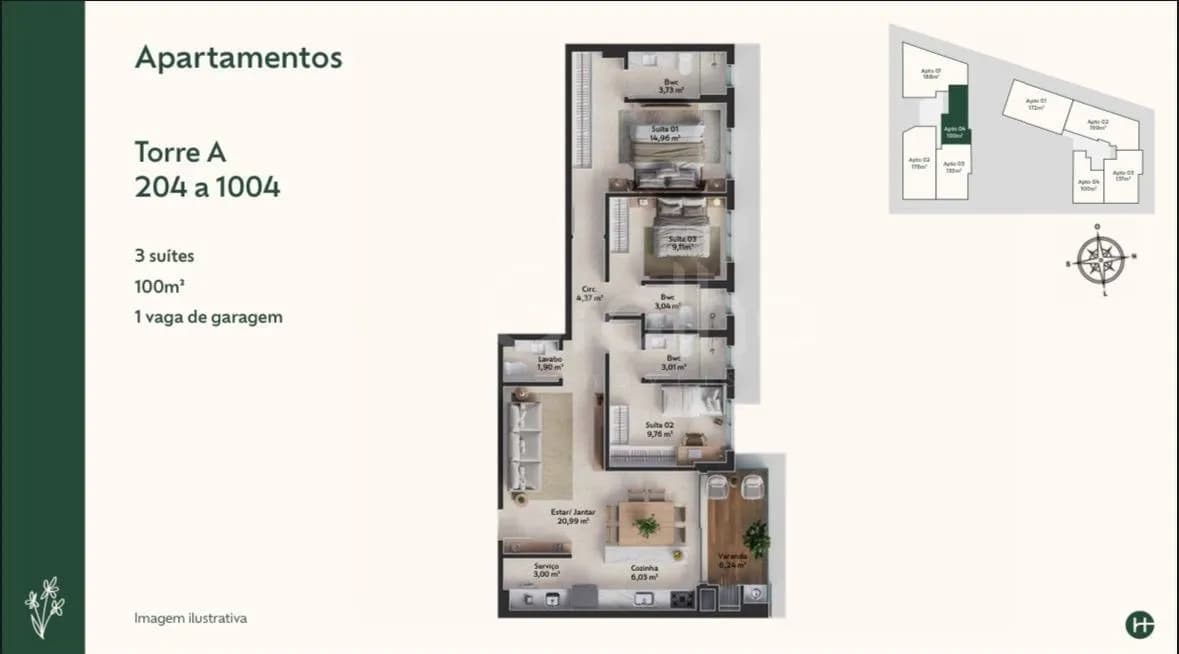 Apartamento para venda com 3 dormitórios em Pedra Branca com 99 m² — foto 2